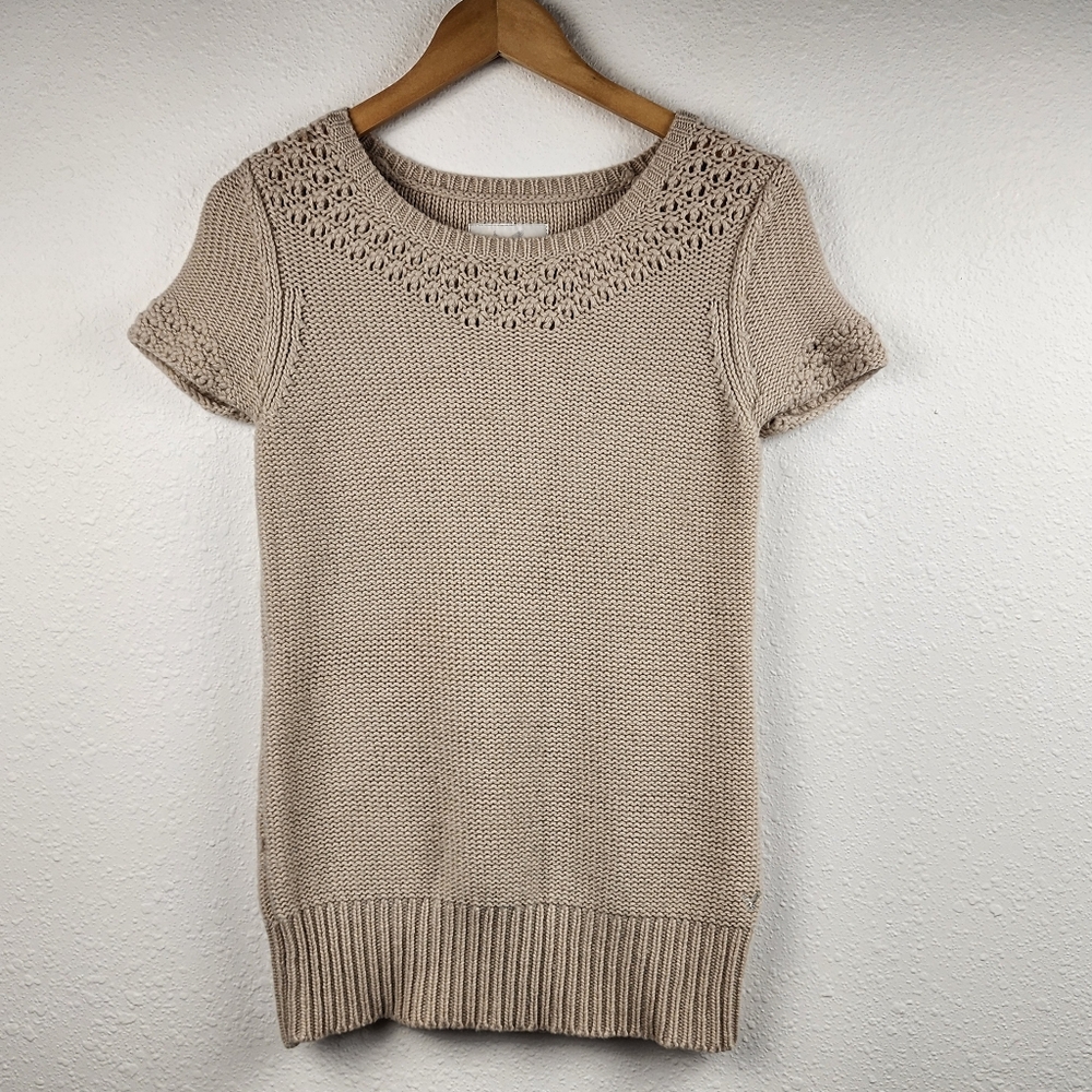 American Eagle Beige Knit Sweater Top Short Sleeve Textured Wool Blend